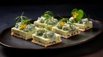 ai generado delicioso canapé en elegante plato foto