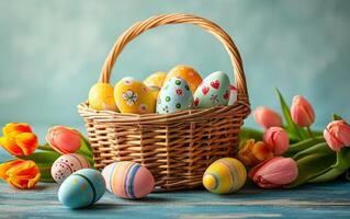 AI generated Tulips and Easter Eggs in Wicker Basket photo