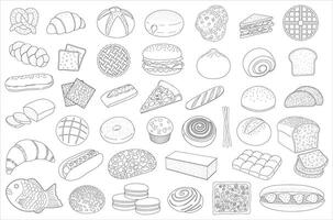 Hand drawn set of bakery bread pastry Collection with croissant and bagel, cinnamon roll and macarons with doughnut in doodle style vector