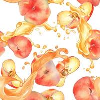 Watercolor seamless pattern of chines flat peaches levitation with splashing juice isolated on white. Fruits with drops painted. Fig peach hand drawn. Design element for package, label, cosmetic, oil. vector
