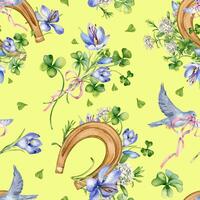 Lucky symbol horseshoe and flowers in botanical art watercolor seamless pattern isolated on yellow. Painted saffron, clover and bird. For St. Patrick day, Easter, spring banner, paper, textile. vector