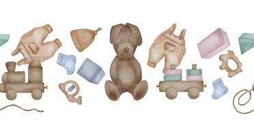 Seamless border with baby toys and clothes isolated on white background. Hand drawn baby bodysuit in neutral color. Painted soft doggie and train. Element for decorating a room newborn, boy print vector