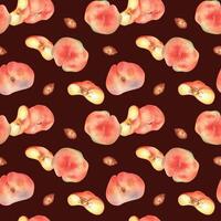 Watercolor seamless pattern with fig peaches and slice isolated on dark background. Whole ripe and half fruits. Chines peaches hand drawn. Design element for package, textile, wrapping paper, fabric. vector