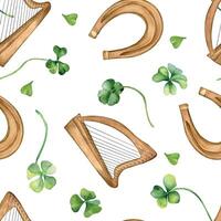 Shamrock and harp watercolor seamless pattern isolated on white background. Green clover hand drawn. Painted lucky symbol four leaves. Design element for celebration St Patrick day banner, wallpaper. vector