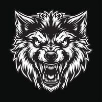 oscuro Arte lobo enojado de miedo cabeza negro y blanco ilustración vector