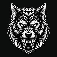 oscuro Arte enojado lobo cabeza negro y blanco ilustración vector