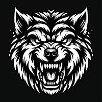 Dark Art Dog Angry Head with Sharp Teeth Black and White Illustration vector