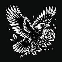 Crow Stand with Rose Flower Grunge Vintage Style Hand Drawn Illustration Black and White vector