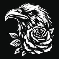 Crow Head with Rose Flower Grunge Vintage Style Hand Drawn Illustration Black and White vector