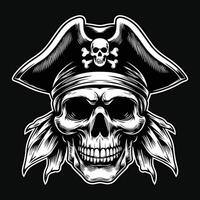 Dark Art Pirates Skull Head with Hat Pirates Black and White Illustration vector