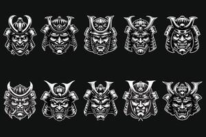 Dark Art Scary Japanese Samurai Mask Black and White Illustration vector