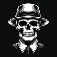 Dark Art Skull Mafia Head with Hat and Collar Black and White Illustration vector