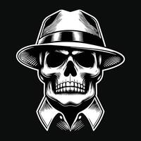 Dark Art Skull Mafia Head with Hat and Collar Black and White Illustration vector