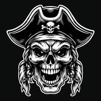 Dark Art Pirates Skull Head with Hat Pirates Black and White Illustration vector