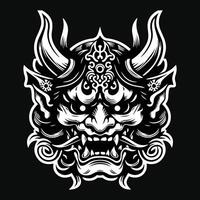 Dark Art Scary Japanese Oni Mask Black and White Illustration vector