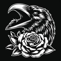 Crow Head with Rose Flower Grunge Vintage Style Hand Drawn Illustration Black and White vector