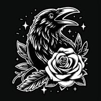 Crow Head with Rose Flower Grunge Vintage Style Hand Drawn Illustration Black and White vector