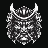 Dark Art Scary Japanese Samurai Mask Black and White Illustration vector