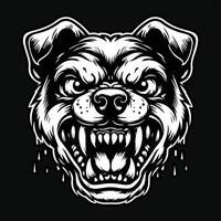 Dark Art Dog Angry Head with Sharp Teeth Black and White Illustration vector