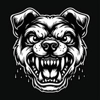 Dark Art Dog Angry Head with Sharp Teeth Black and White Illustration vector