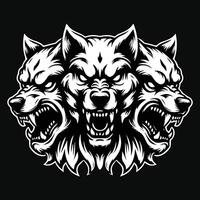 Dark Art Cerberus Dog Head Black and White Illustration vector