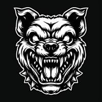 Dark Art Dog Angry Head with Sharp Teeth Black and White Illustration vector