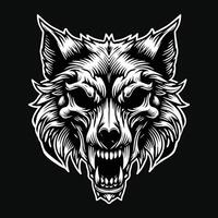 oscuro Arte cráneo enojado bestia lobo cabeza negro y blanco ilustración vector