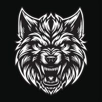 oscuro Arte lobo enojado de miedo cabeza negro y blanco ilustración vector