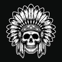 Dark Art Indian Skull Head with Indian Hat Black and White Illustration vector