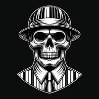 Dark Art Skull Mafia Head with Hat and Collar Black and White Illustration vector