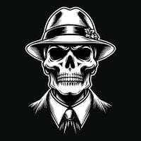 Dark Art Skull Mafia Head with Hat and Collar Black and White Illustration vector