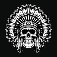 oscuro Arte indio cráneo cabeza con indio sombrero negro y blanco ilustración vector