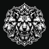 Dark Art Cerberus Dog Head Black and White Illustration vector