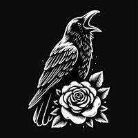 Crow Head with Rose Flower Grunge Vintage Style Hand Drawn Illustration Black and White vector