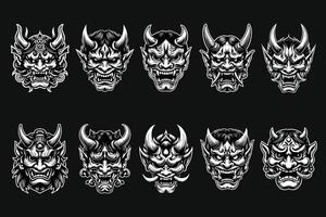 Dark Art Scary Japanese Oni Mask Black and White Illustration vector