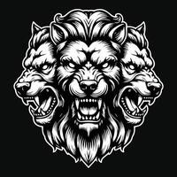 Dark Art Cerberus Dog Head Black and White Illustration vector