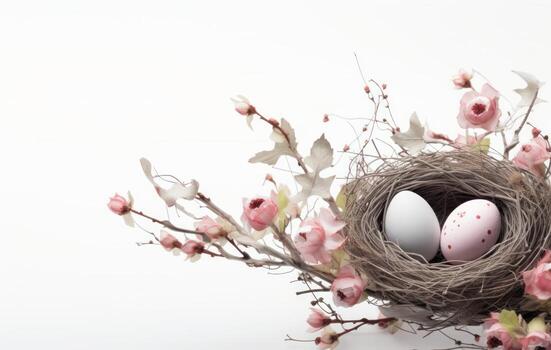 ai generado Pascua de Resurrección huevos y ramas en vacío nido en blanco antecedentes foto