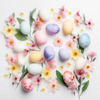 AI generated colored eggs and leaves on white background photo