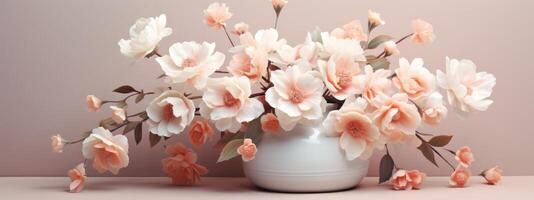 ai generado melocotón rosado flores con hojas en un florero foto