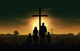 AI generated silhouette of family as they walk past a cross on the grass photo