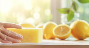 AI generated hands of woman cleaning sponge with soap and lemons in kitchen photo