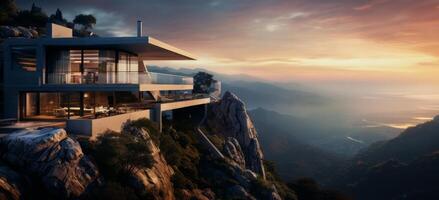 AI generated house located on the mountain photo