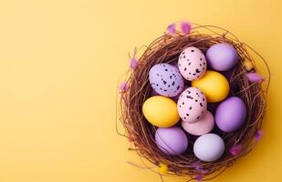 AI generated colorful easter eggs nestled in a wicker basket on yellow background photo