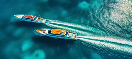 AI generated luxury yachts and boat in ocean on dronebased aerial view photo