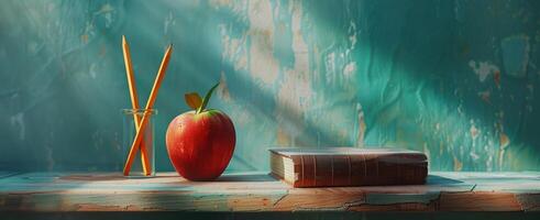 AI generated books, red apple, pencil and yellow straw on a green background photo