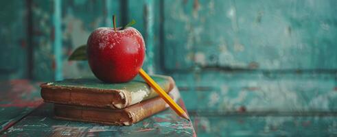 AI generated books, red apple, pencil and yellow straw on a green background photo