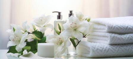 AI generated clean soaps, bottle of water, soaps, towels on white background with nature photo