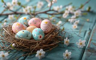 AI generated Easter eggs lie in a straw bed on blue wooden planks photo