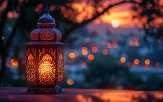 AI generated The warm glow of lanterns against the cool city lights photo