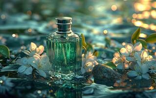AI generated Green Perfume Bottle Amidst Floral Water photo